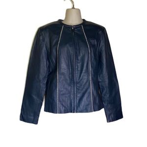 Navy Blue Fitted Leather Moto Jacket w/ Embellished Seams Women’s Sz Large